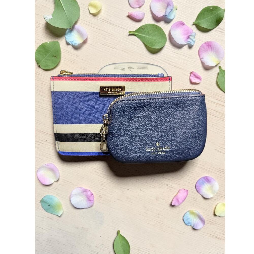 Kate Spade Wallet & Coin Pouch Set Blue Leather + Striped Card Holder Bundle